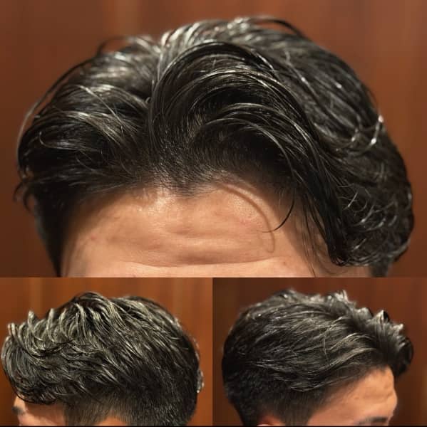 高め刈り上げで小顔見せする七三パーマ