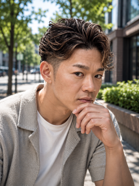 清潔感と色気を両立。フェード×アップバングパーマ